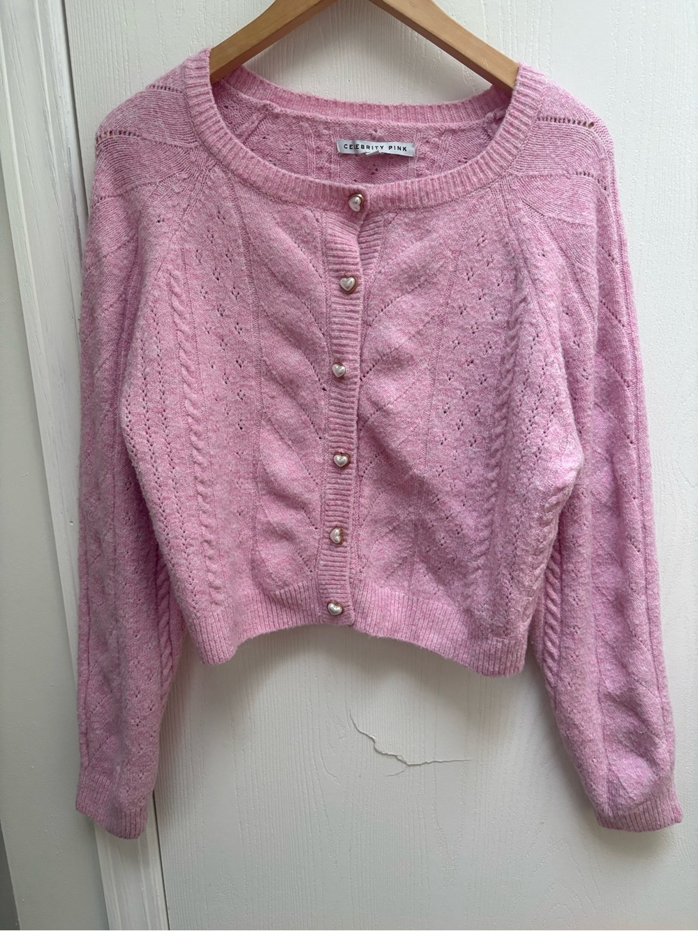 Celebrity Pink Women's Pink Cable Knit Cropped Cardigan